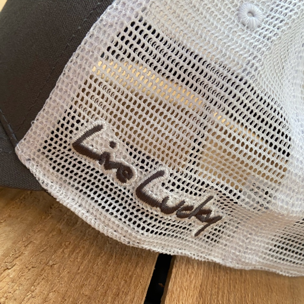 Black Clover Grey and White Mesh with Blue Logo Patch SnapBack Live Lucky Hat - Picture 4 of 8